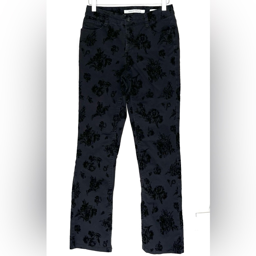 Jones New York Lexington Straight Black Floral Jeans 4P Velvet Burnout Whimsigot